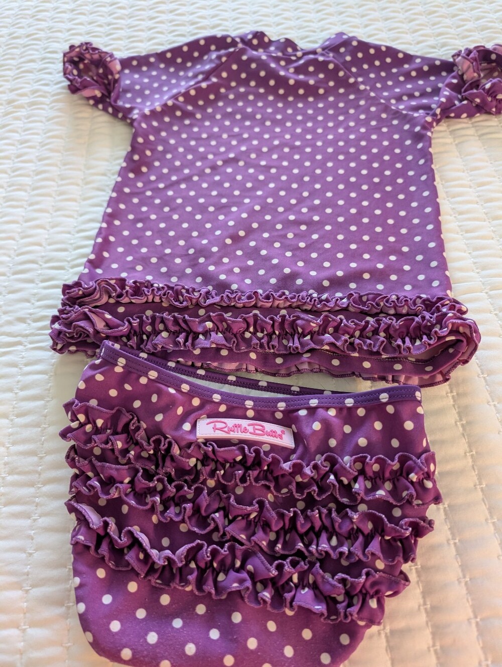 RuffleButts Purple Polka Dot Ruffle Rash Guard Swim Set